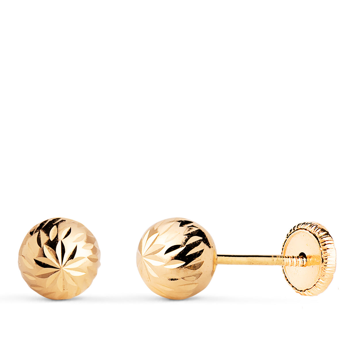 Pendientes Bola Tallada Hueca. Ancho: 6 mm. Cierre Tuerca de oro amarillo 18K