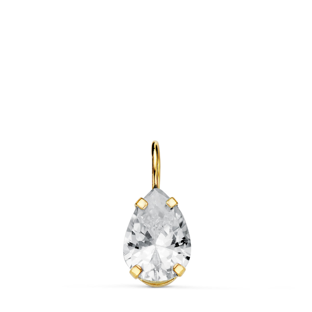 Colgante circonita en Lagrima con 4 Garras. Medida: 6,5 x 5 mm de oro amarillo 18K