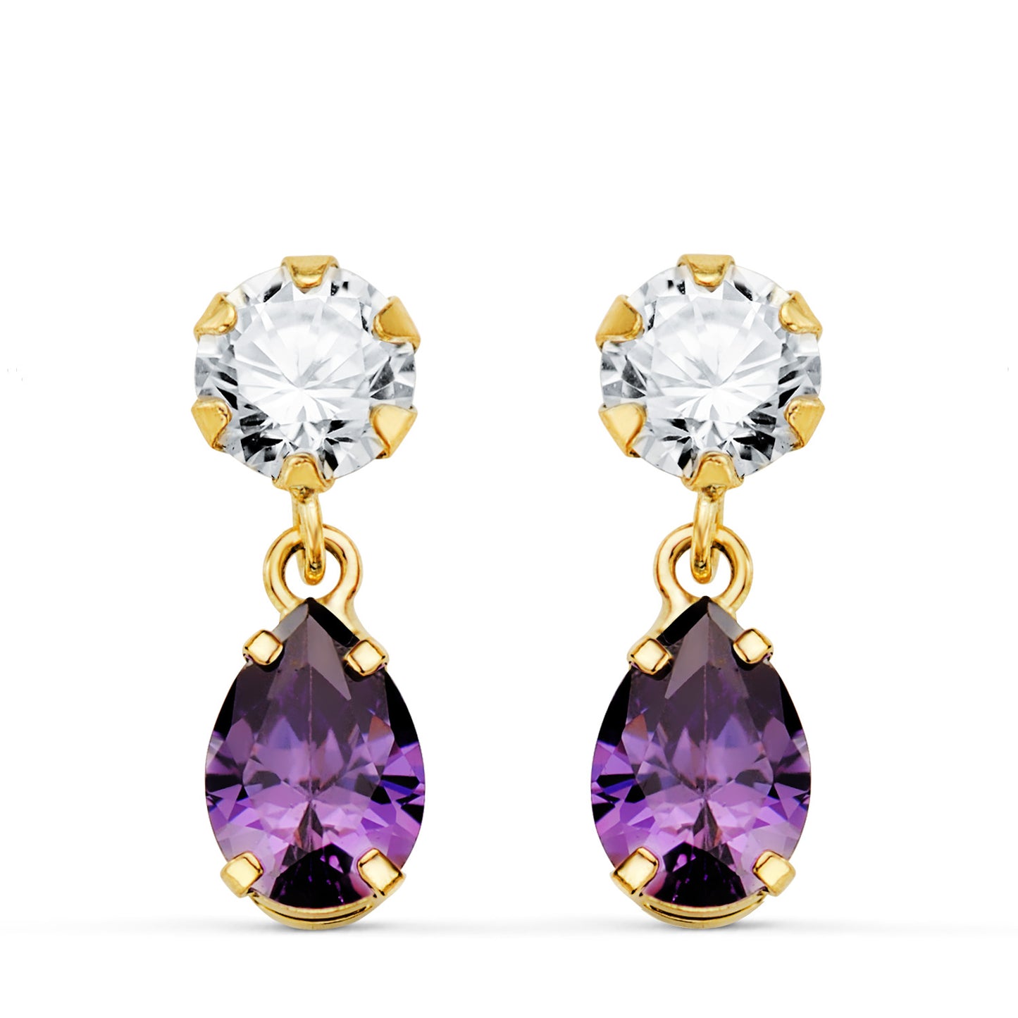 18K PENDIENTES ORO AMARILLO DOS CUERPOS CON CIRCONITA Y AMATISTA LAGRIMA 16 X 5MM. CIERRE PRESION