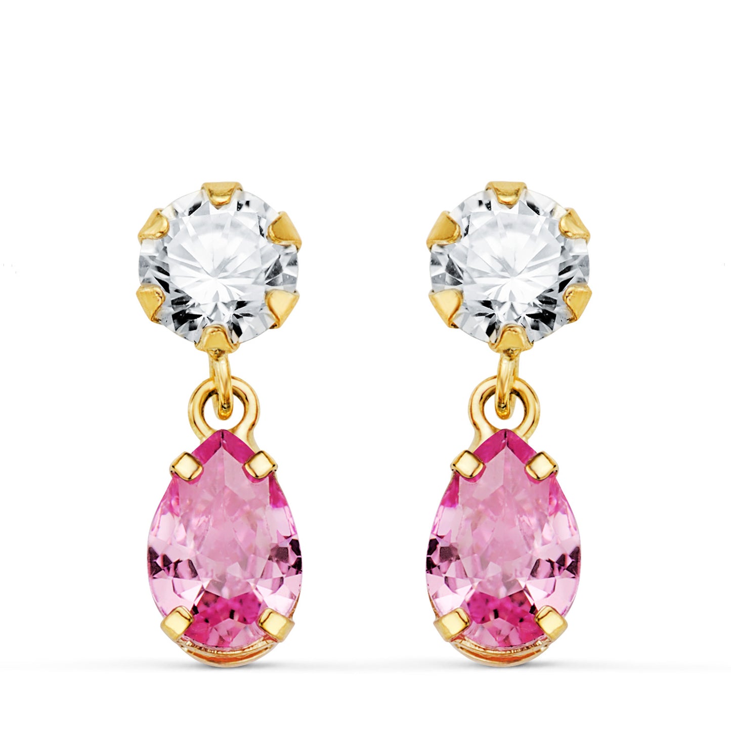 18K PENDIENTES ORO AMARILLO DOS CUERPOS CON CIRCONITA Y PIEDRA ROSA LAGRIMA 16 X 5MM. CIERRE PRESION