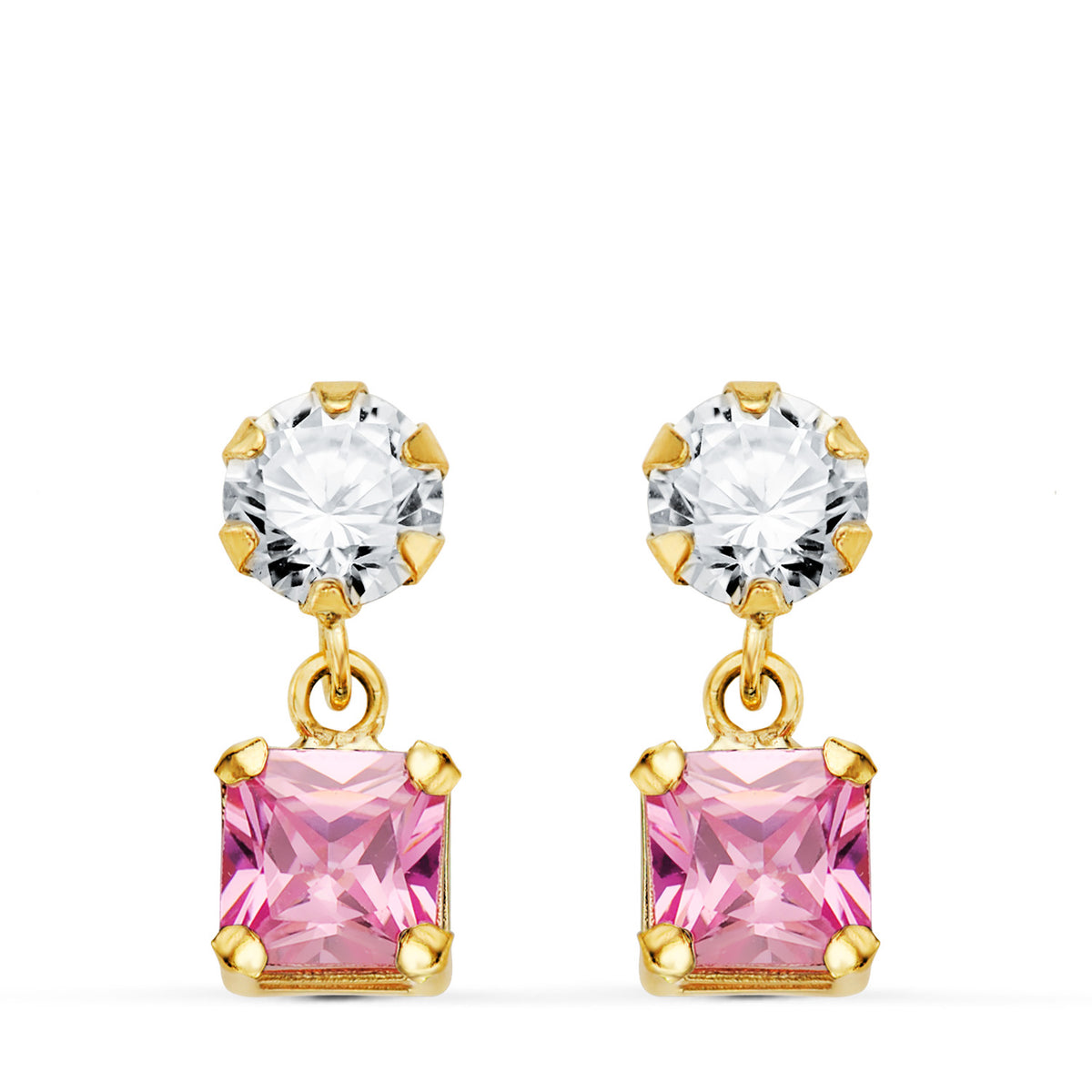 Pendientes Dos Cuerpos con Circonita y Piedra Rosa Cuadrada 14 x 5 mm. de oro amarillo 18K