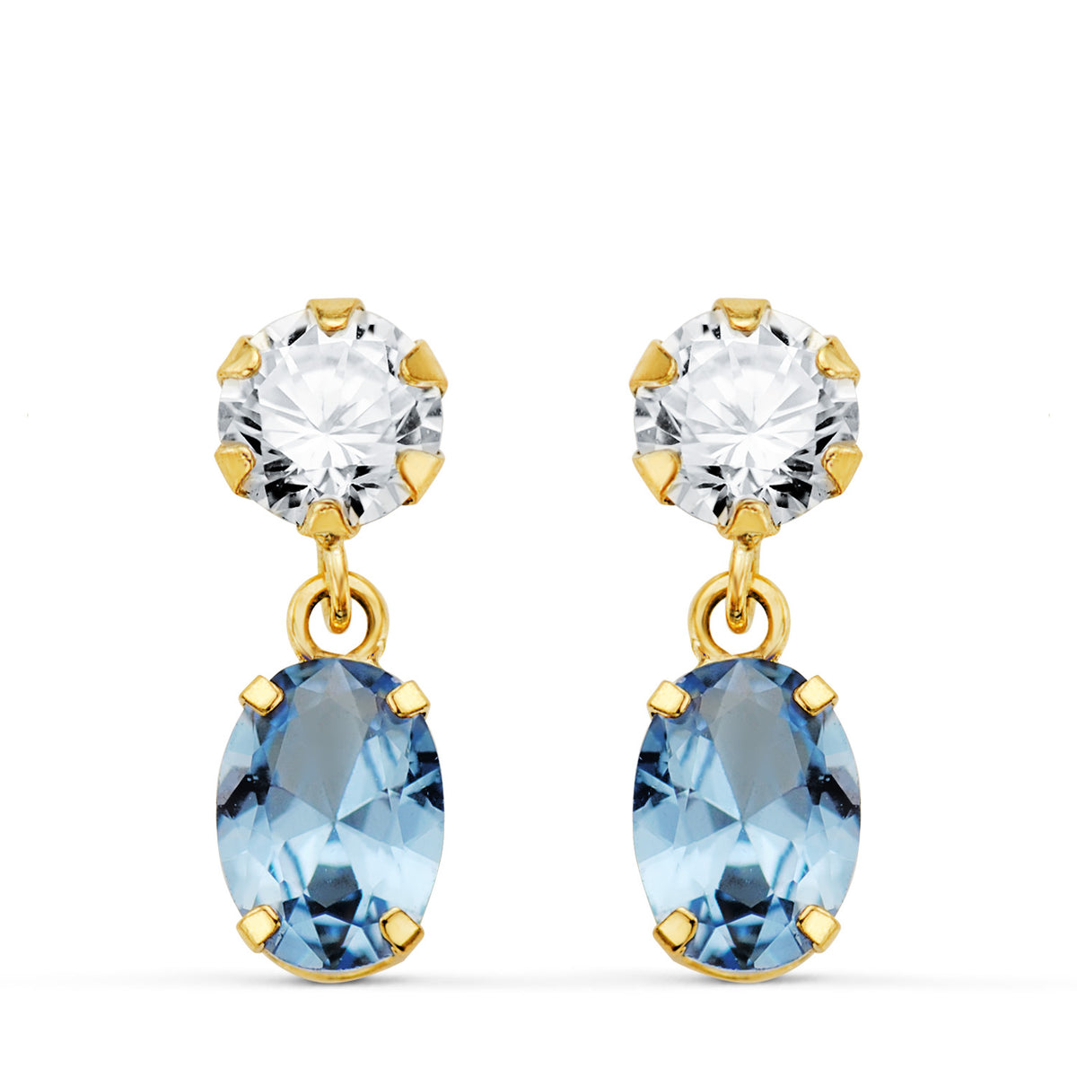 Pendientes Dos Cuerpos con Circonita y Aguamarina Oval 16 x 5 mm. de oro amarillo 18K