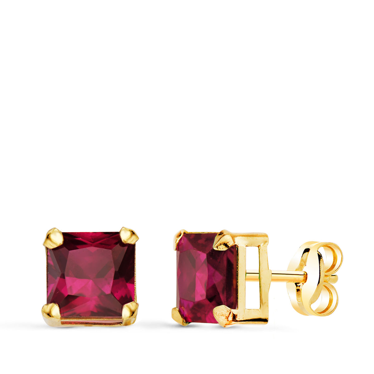 Pendientes Cuadrados Piedra Color Rojo 6 x 6 mm. de oro amarillo 18K