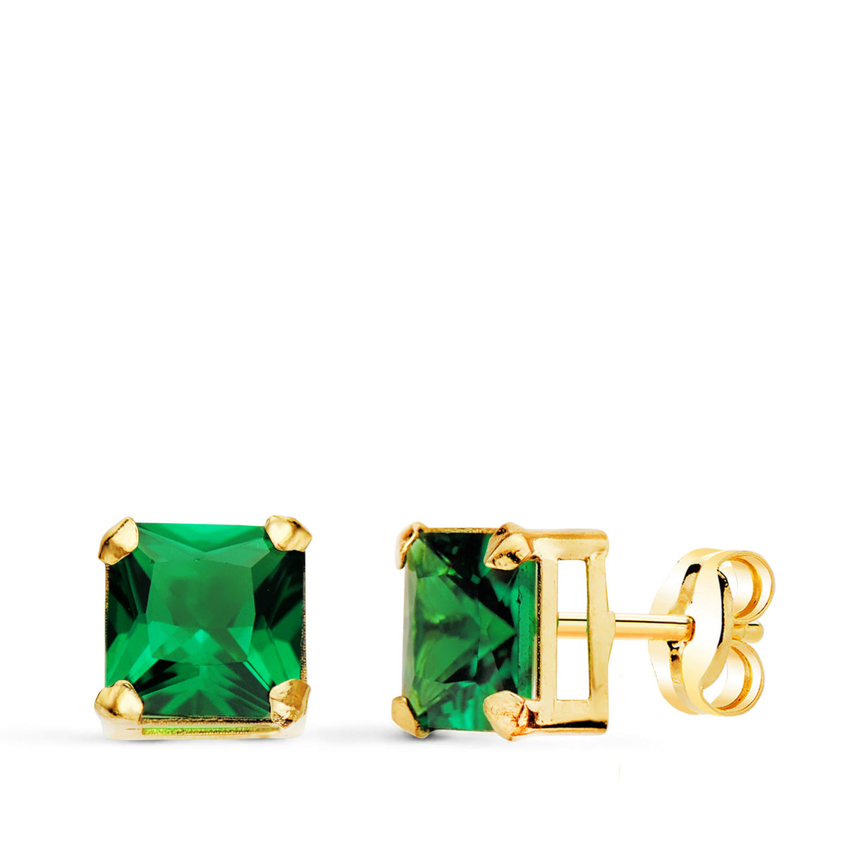Pendientes Cuadrados Piedra Color Verde 6 x 6 mm. de oro amarillo 18K