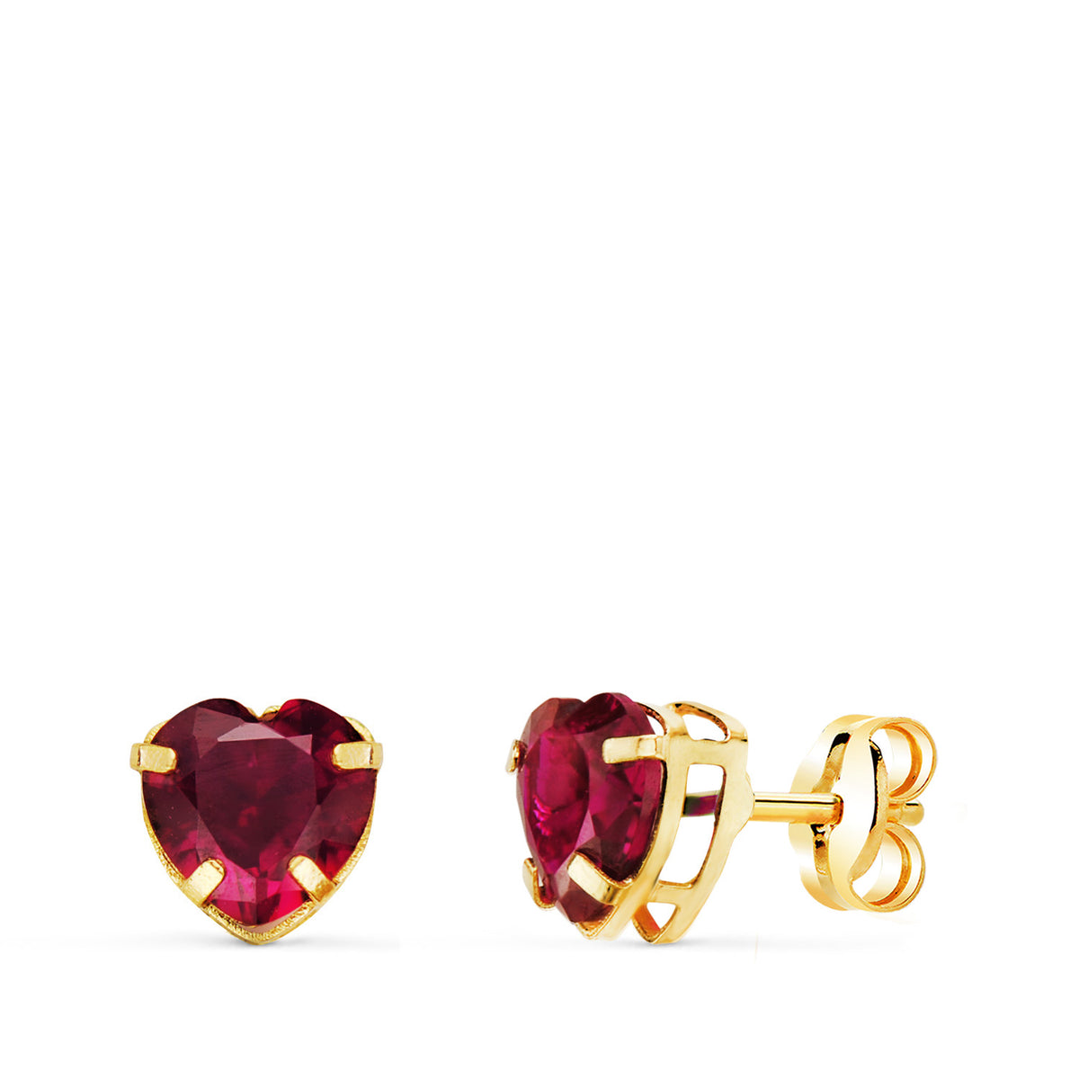 Pendientes Corazon Piedra Color Roja 6 x 6 mm. de oro amarillo 18K