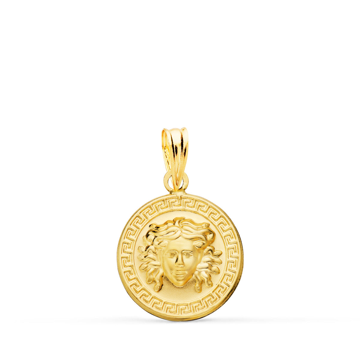 18K MEDALLA ORO AMARILLO MEDUSA CON BORDE DE GRECA MATIZADA 15 MM