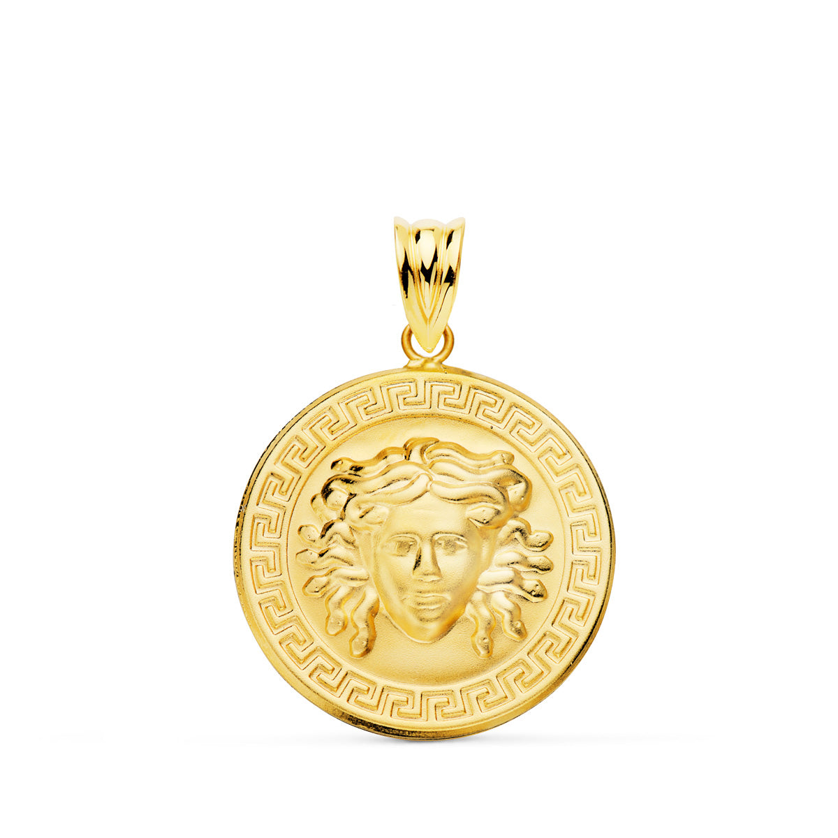 Medalla Medusa con Borde de Greca Matizada 20 mm de oro amarillo 18K