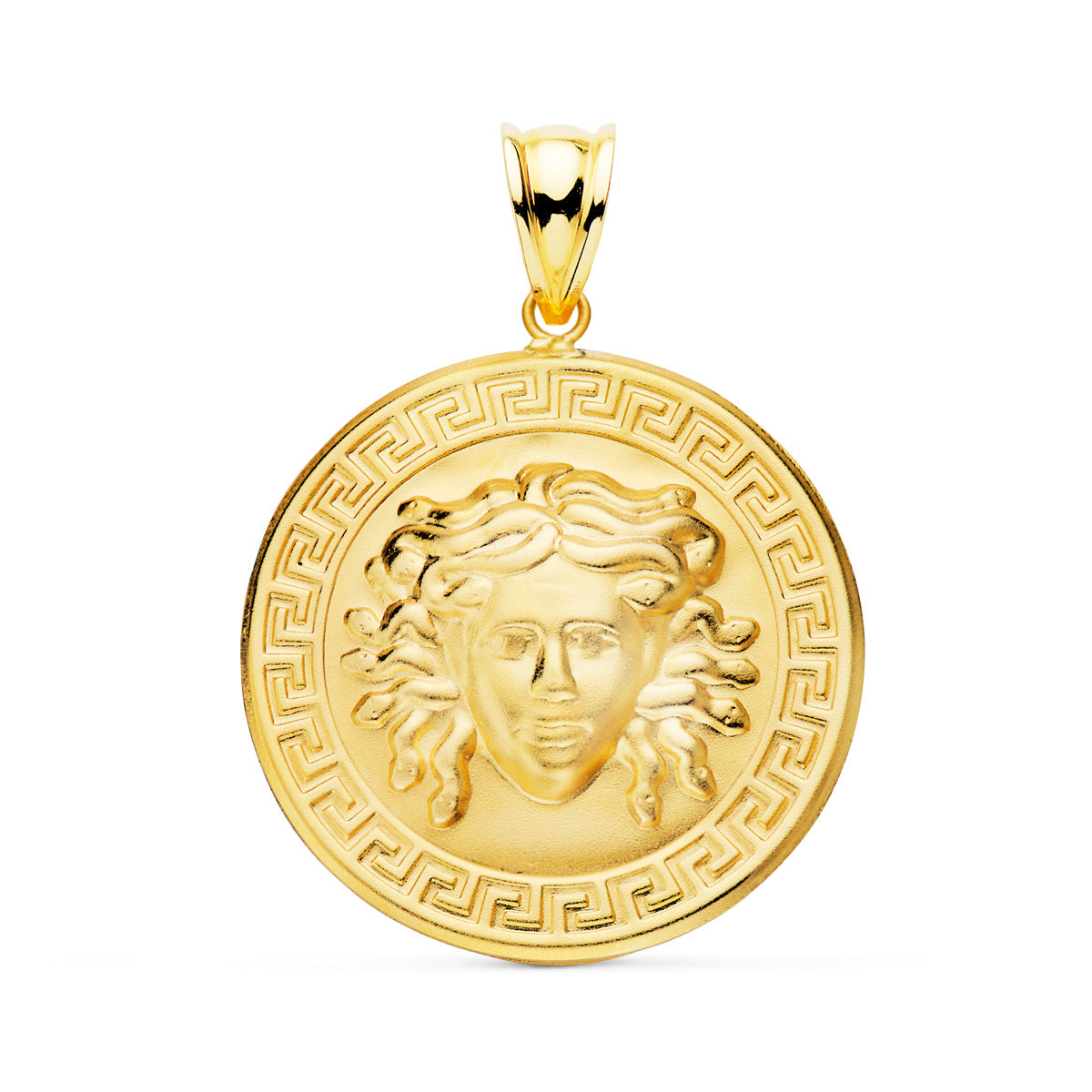 18K MEDALLA ORO AMARILLO MEDUSA CON BORDE DE GRECA MATIZADA 25 MM