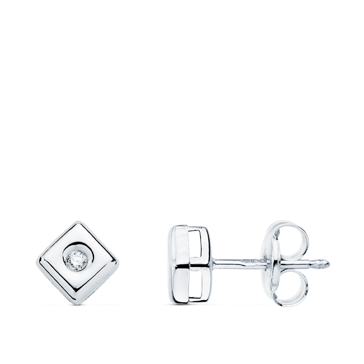 18K PENDIENTES CHATON ORO BLANCO CUADRADO DIAMANTES 0,030 QTS. G-VS2 CIERRE PRESION 5 MM
