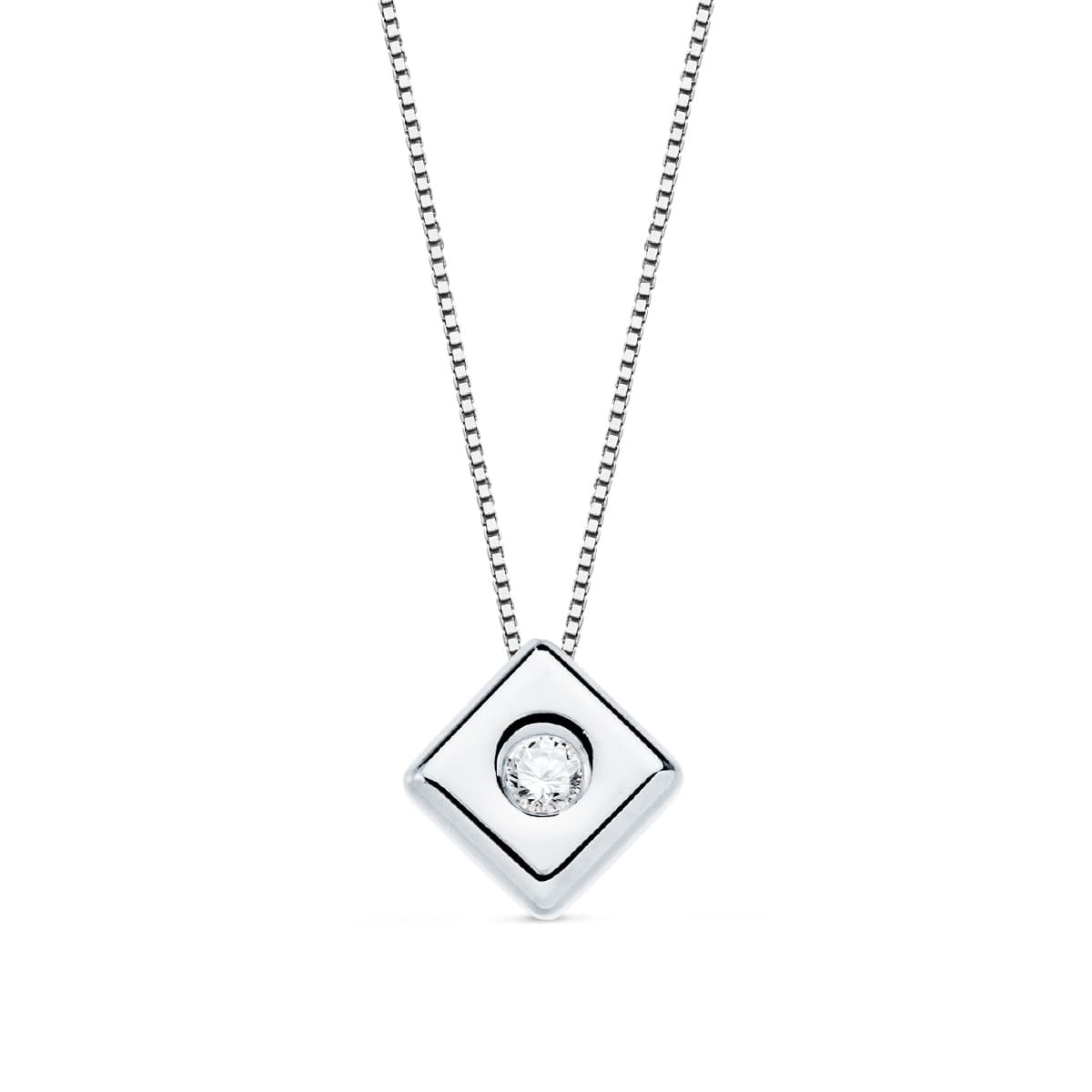 18K GARGANTILLA ORO BLANCO ROMBO DIAMANTE 0.050 QTS. G-VS2. CADENA 42CM