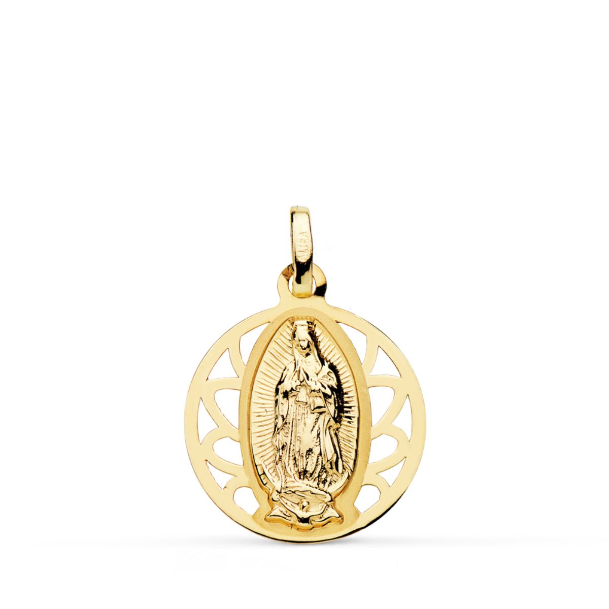 18K MEDALLA ORO AMARILLO VIRGEN DE GUADALUPE CERCO CALADO 18 MM