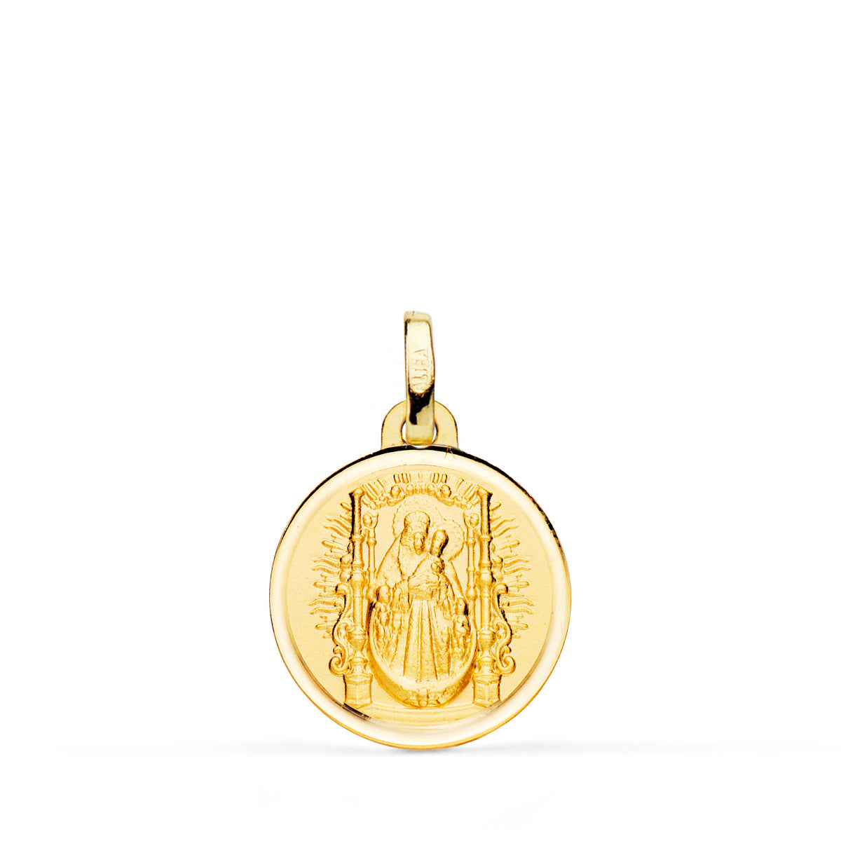 18K MEDALLA ORO AMARILLO VIRGEN DEL PINO TRONO BISEL 14 MM
