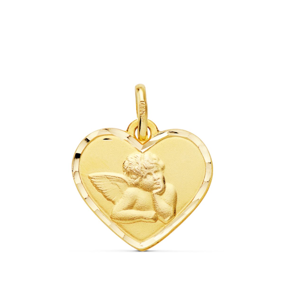 18K MEDALLA ORO AMARILLO CORAZON ANGELITO BURLON BORDES TALLADOS. 14 MM