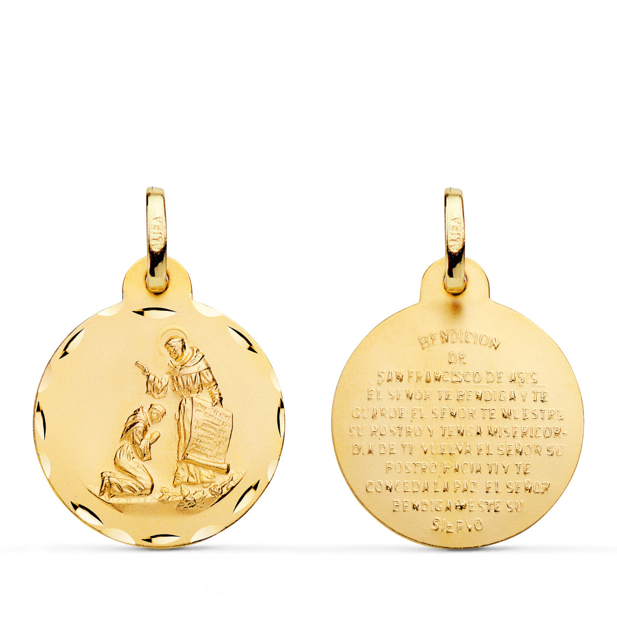 Medalla Bendicion de San Francisco Tallada. diámetro: 20 mm de oro amarillo 18K