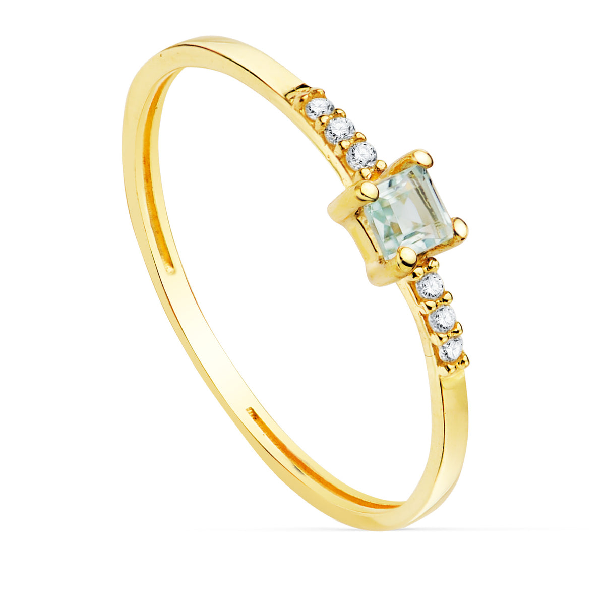 Sortija 6 Diamantes de Laboratorio 0,030qts. G-vs2 Aguamarina 3 x 3 mm Cuerpo 1 mm de oro amarillo 18K