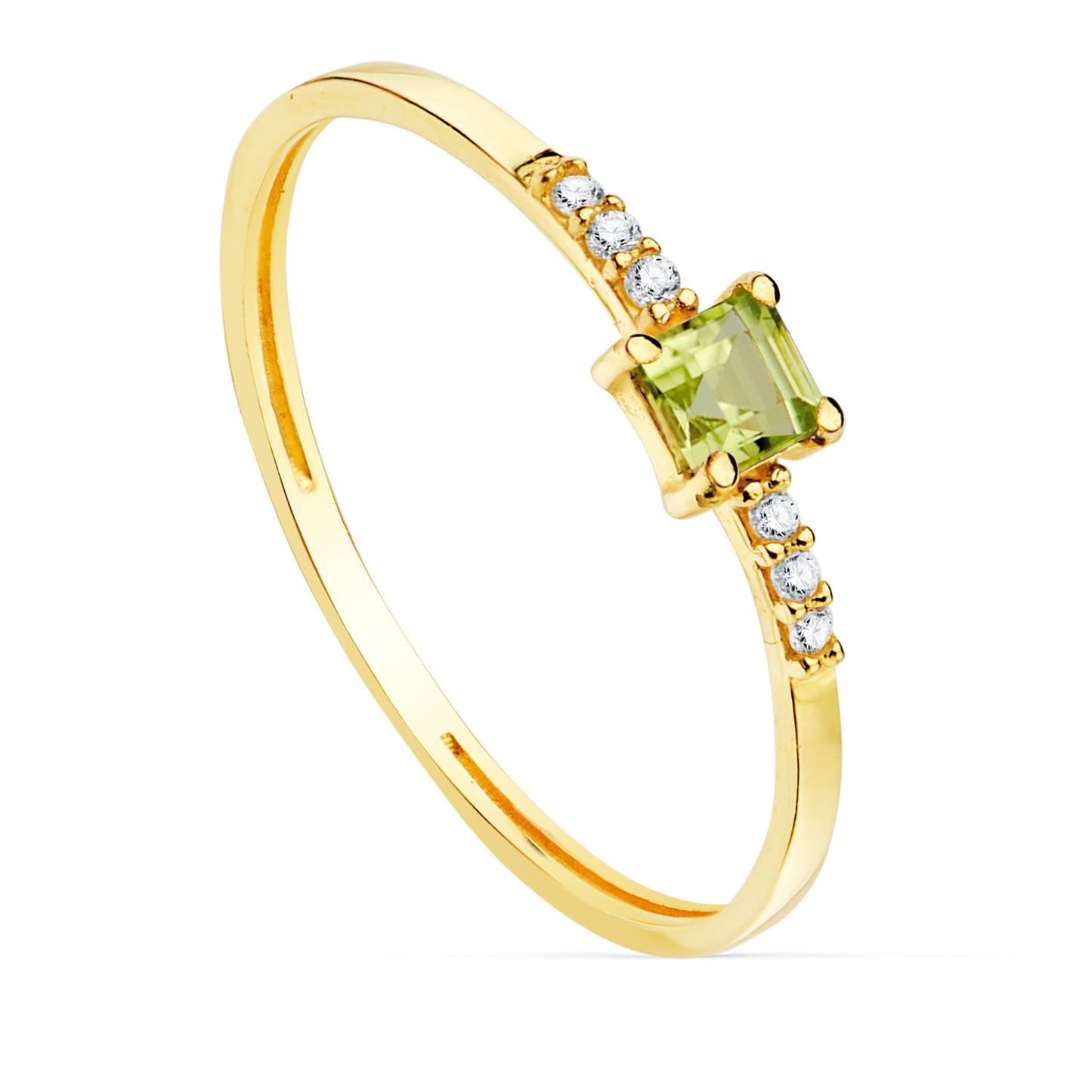 18K SORTIJA ORO AMARILLO 6 DIAMANTES 0,030 QTS. G-VS2. OLIVINA 3X3MM CUERPO 1 MM