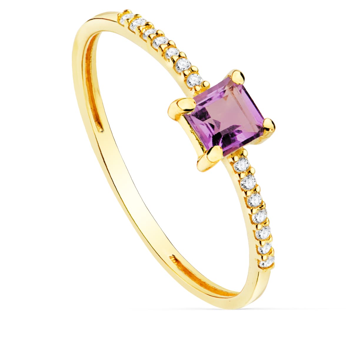18K SORTIJA ORO AMARILLO 14 DIAMANTE 0.070 QTS. G-VS2. AMATISTA 4X4 MM CUERPO 1 MM