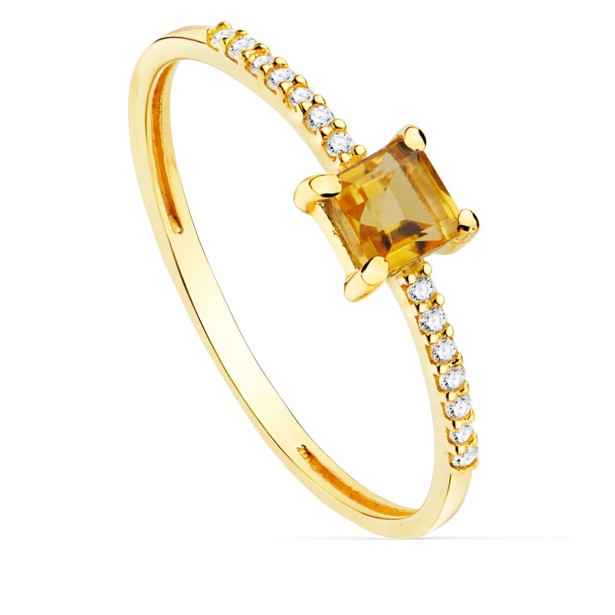 Sortija 14 Diamantes de Laboratorio 0,070qts. G-vs2. Citrino 4 x 4 mm Cuerpo 1 mm de oro amarillo 18K