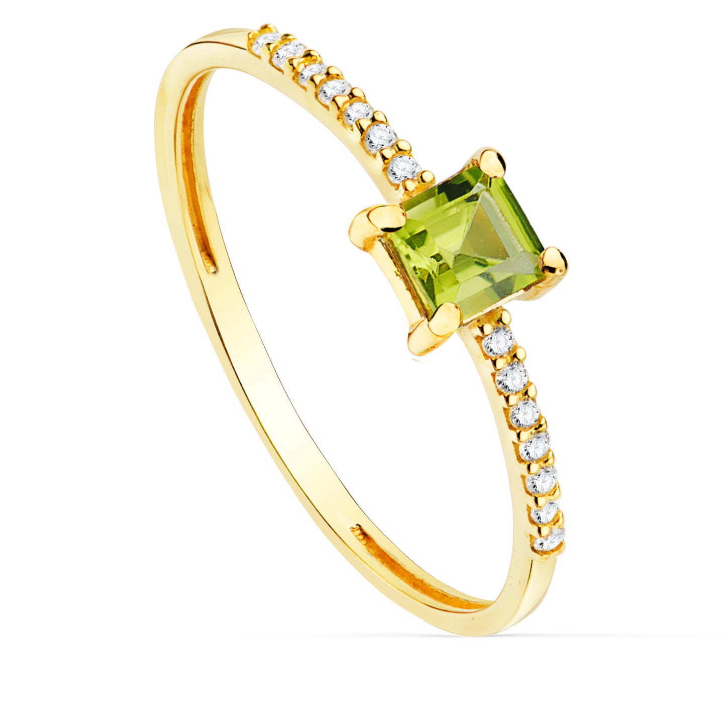 18K SORTIJA ORO AMARILLO 14 DIAMANTE 0.070 QTS. G-VS2. OLIVINA 4X4 MM CUERPO 1 MM