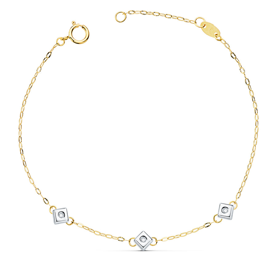 Pulsera Bicolor Chaton de 3 Rombos con Diamantes Laboratorio 0,045 Qts. Vs2-g. Largo: 17 cm 18K