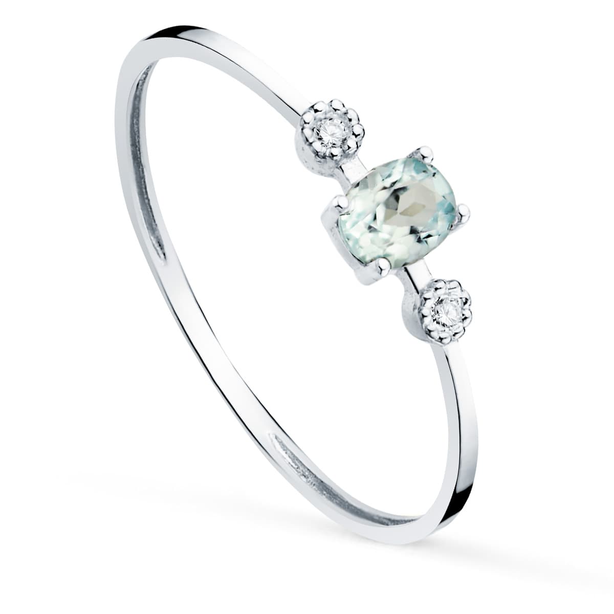 18K SORTIJA ORO BLANCO Y DIAMANTES 0,016 QTS. G-VS2 AGUAMARINA 4X3 MM CUERPO 1 MM