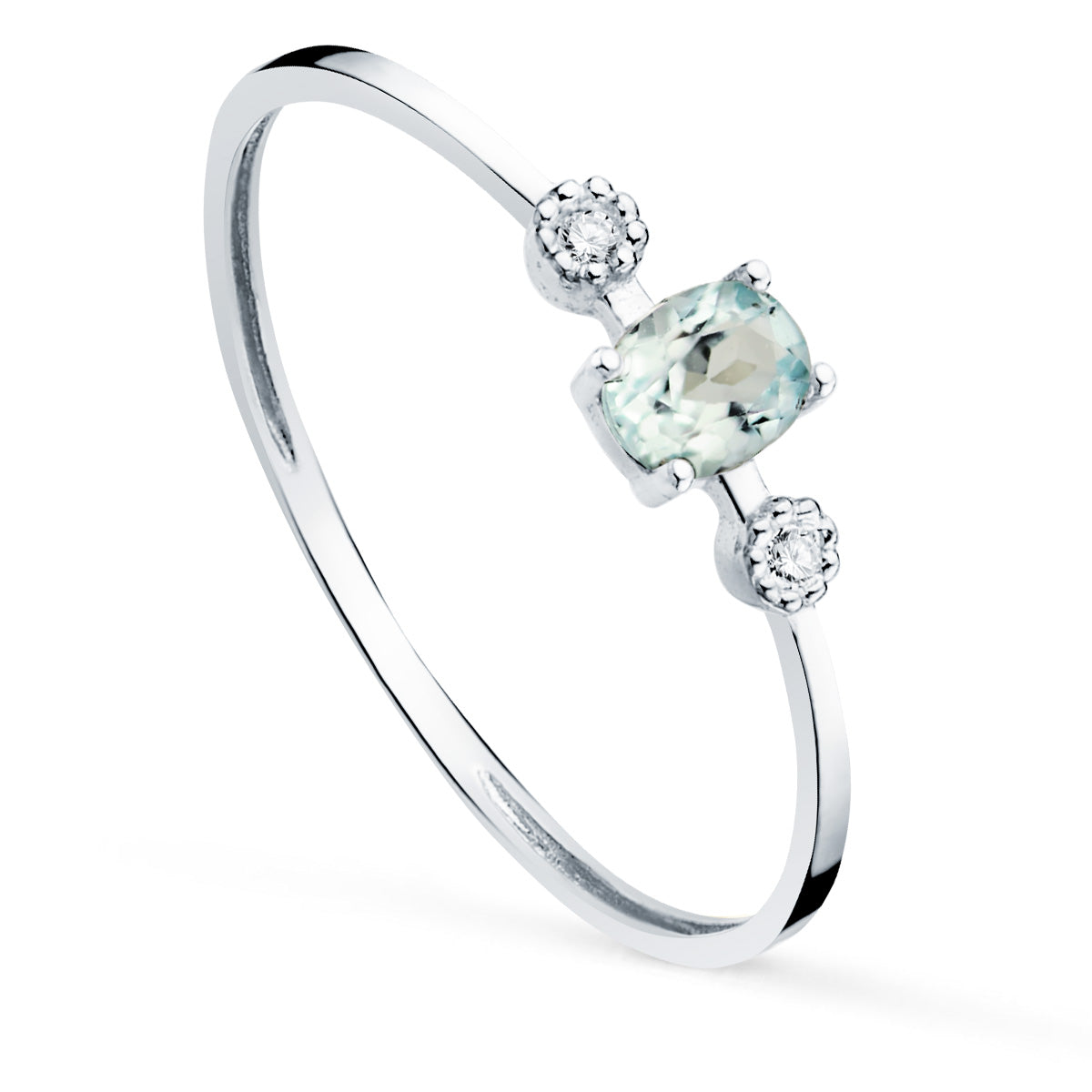 18K SORTIJA ORO BLANCO Y DIAMANTES 0.016 QTS. G-VS2 AGUAMARINA 4X3MMCUERPO 1 MM