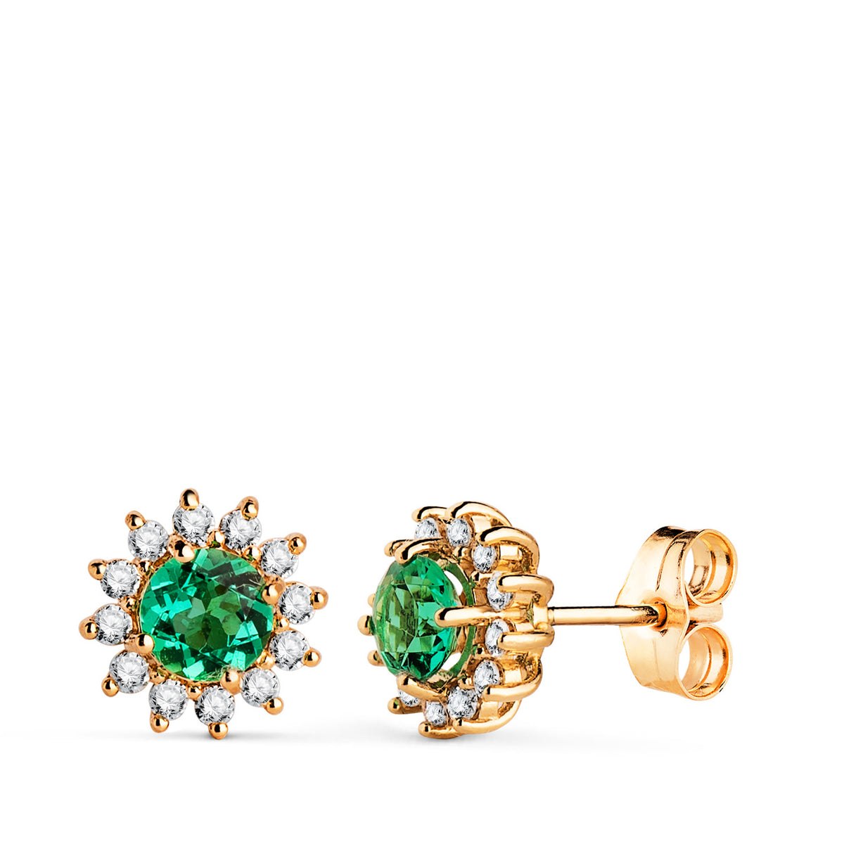 Pendientes 24 Diamantes de Laboratorio y Esmeralda Recristalizada 5 mm 0,96 Qt 0,340 Qts. Vs2-g. 9 mm de oro amarillo 18K