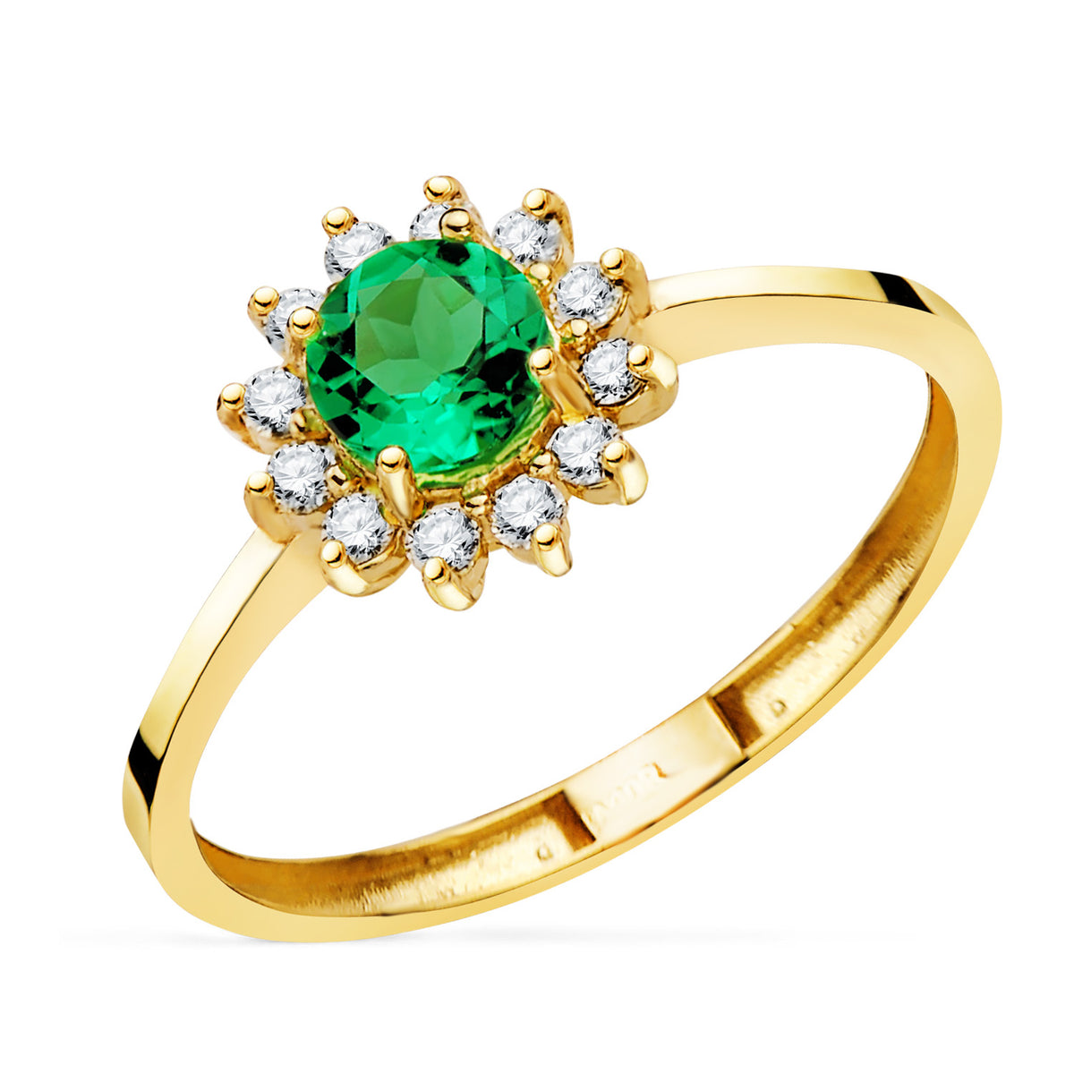 Sortija Diamantes de Laboratorio y Esmeralda Recristalizada 5 mm 0,48 Qt 0,17qt. G - Vs2 de oro amarillo 18K