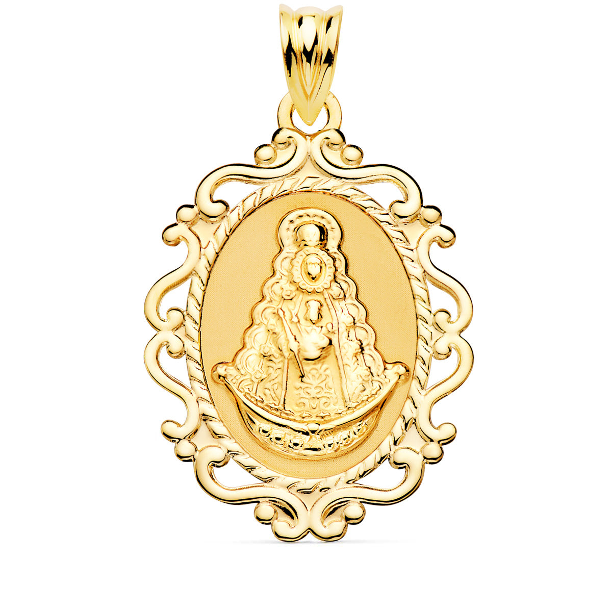 Medalla Virgen del Rocio Cerco Calado en Brillo 31 x 21 mm de oro amarillo 18K