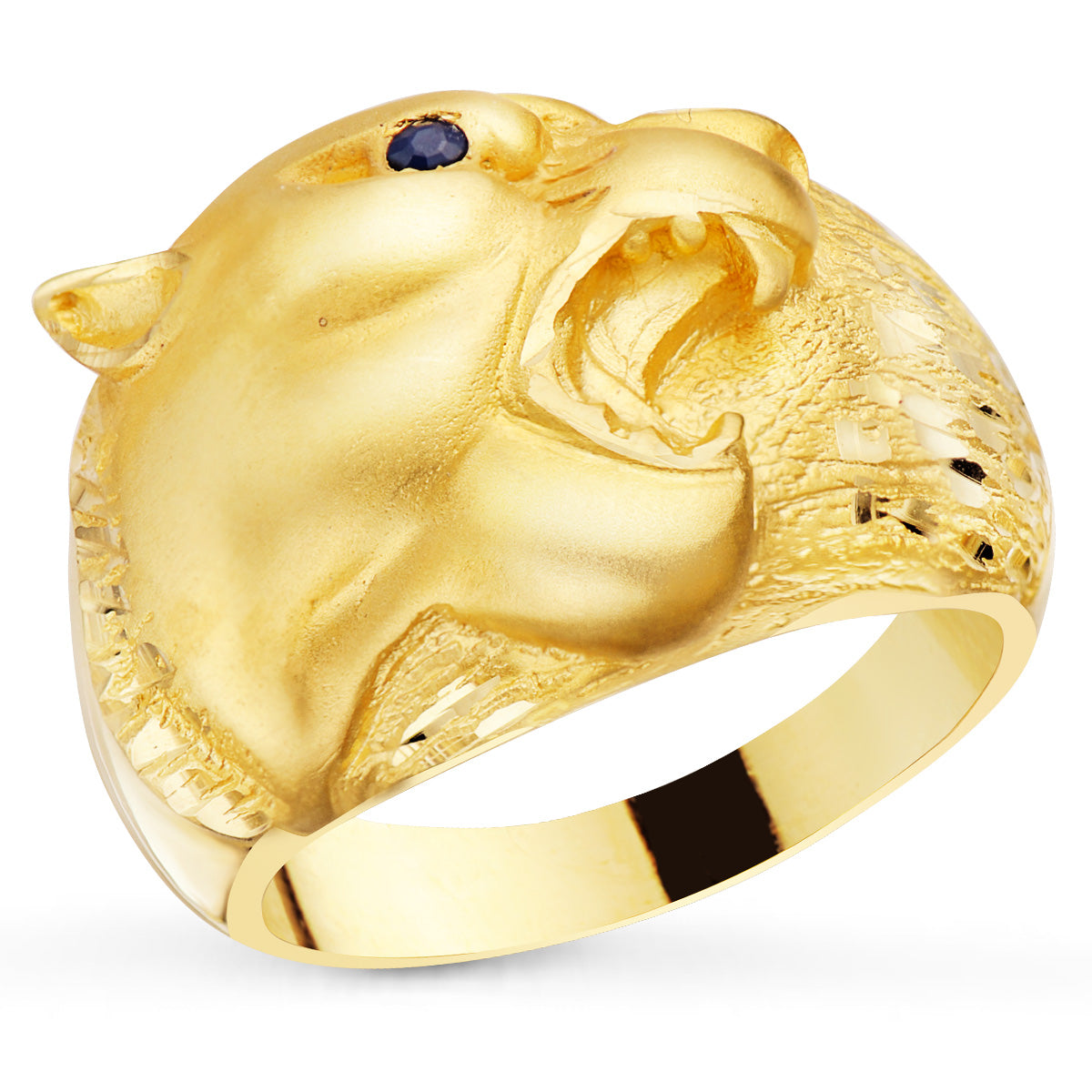 18K SELLO ORO AMARILLO MACIZO PUMA OJO ZAFIRO NATURAL. ANCHO 18 MM