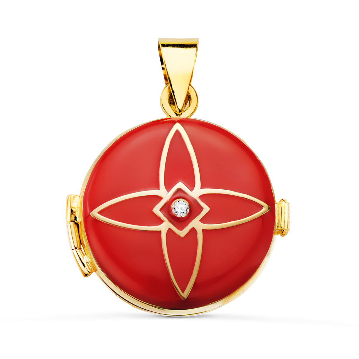 18K PORTAFOTOS COLGANTE ORO AMARILLO GUARDAPELO DIJE REDONDO ESMALTE ROJO DIAMANTE 0.035 QTES. 21 MM