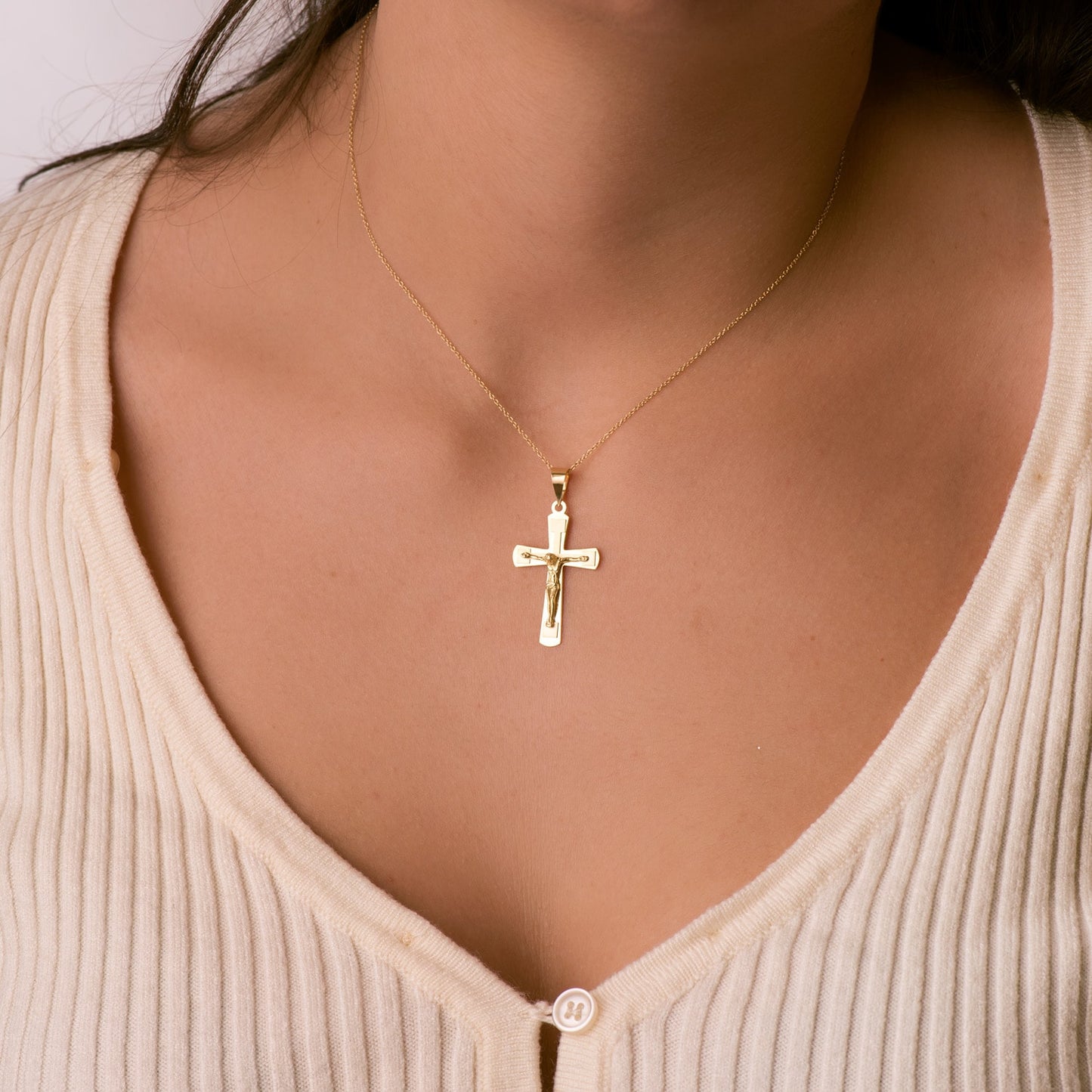 18K CRUZ ORO AMARILLO BRILLO Y MATE CON CRISTO 32X20 MM