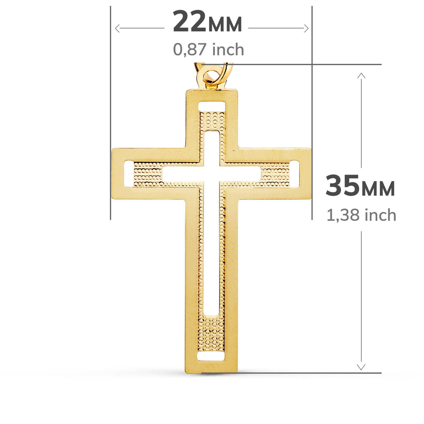 18K CRUZ ORO AMARILLO SIN CRISTO TALLADA Y MATIZADA 35X22 MM