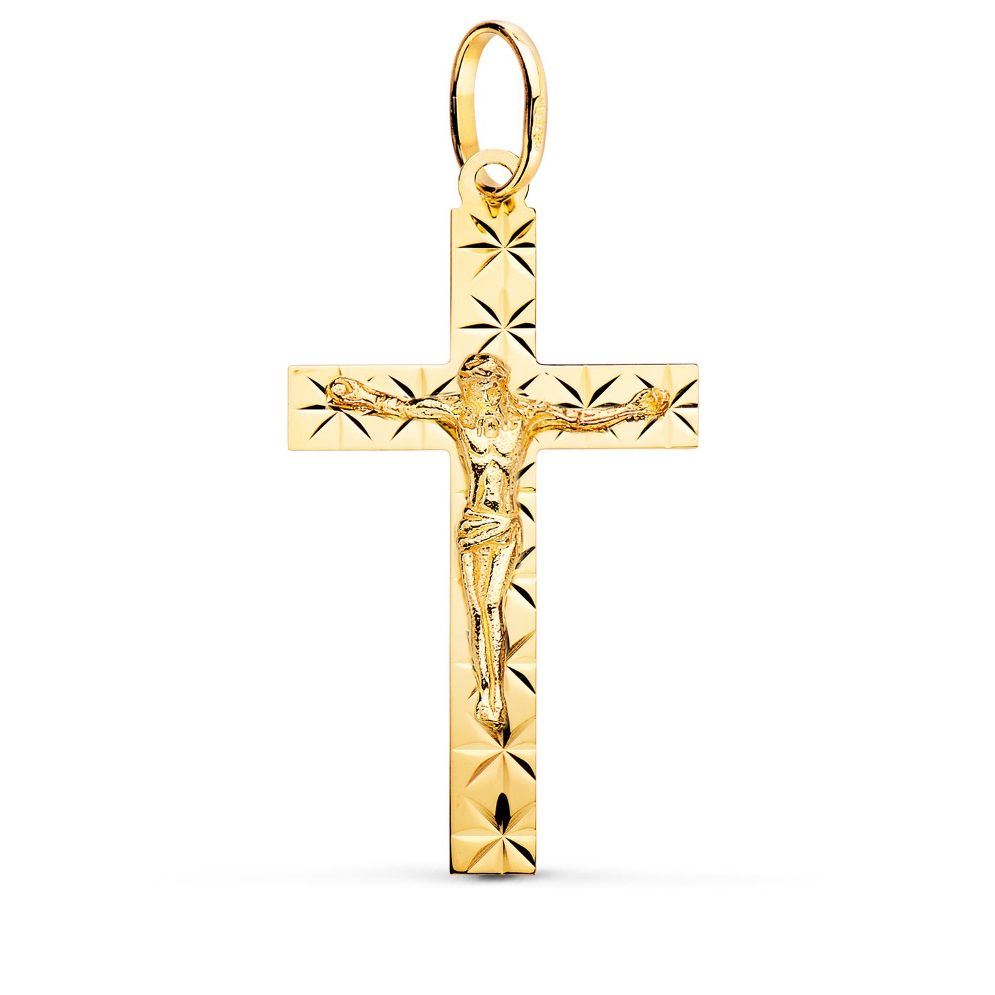 18K CRUZ ORO AMARILLO CON CRISTO TALLADA 34X19 MM