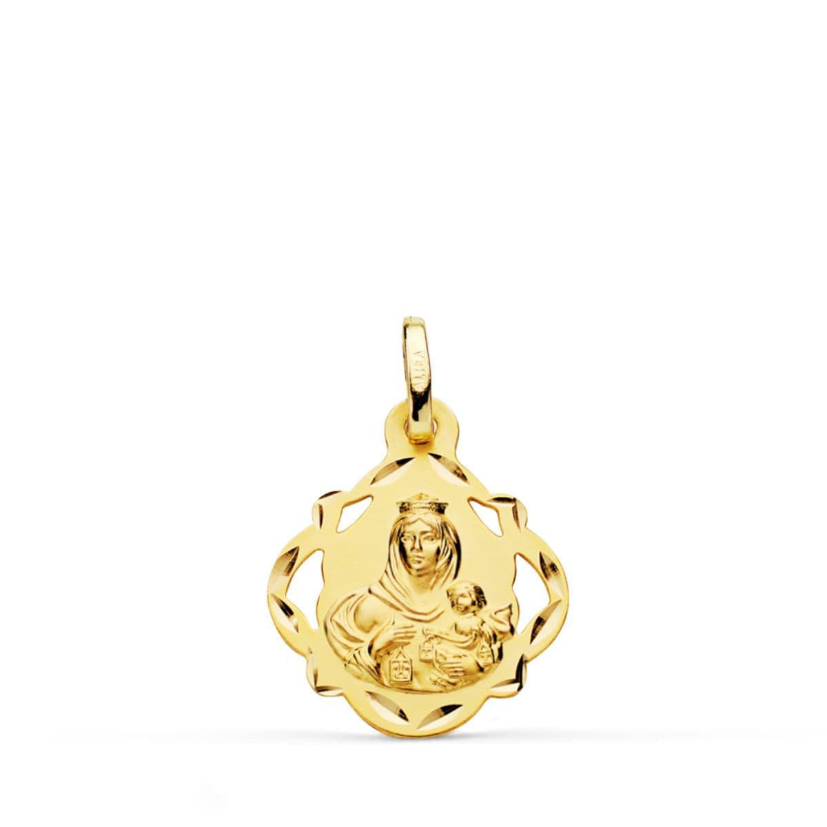 Medalla Virgen del Carmen Pandereta Calada 16 mm de oro amarillo 18K