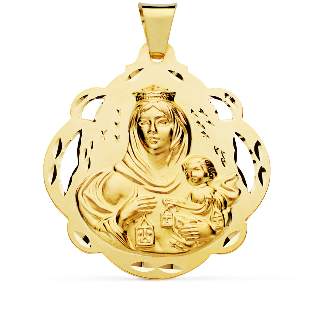 Medalla Virgen del Carmen Pandereta Calada 42 mm de oro amarillo 18K