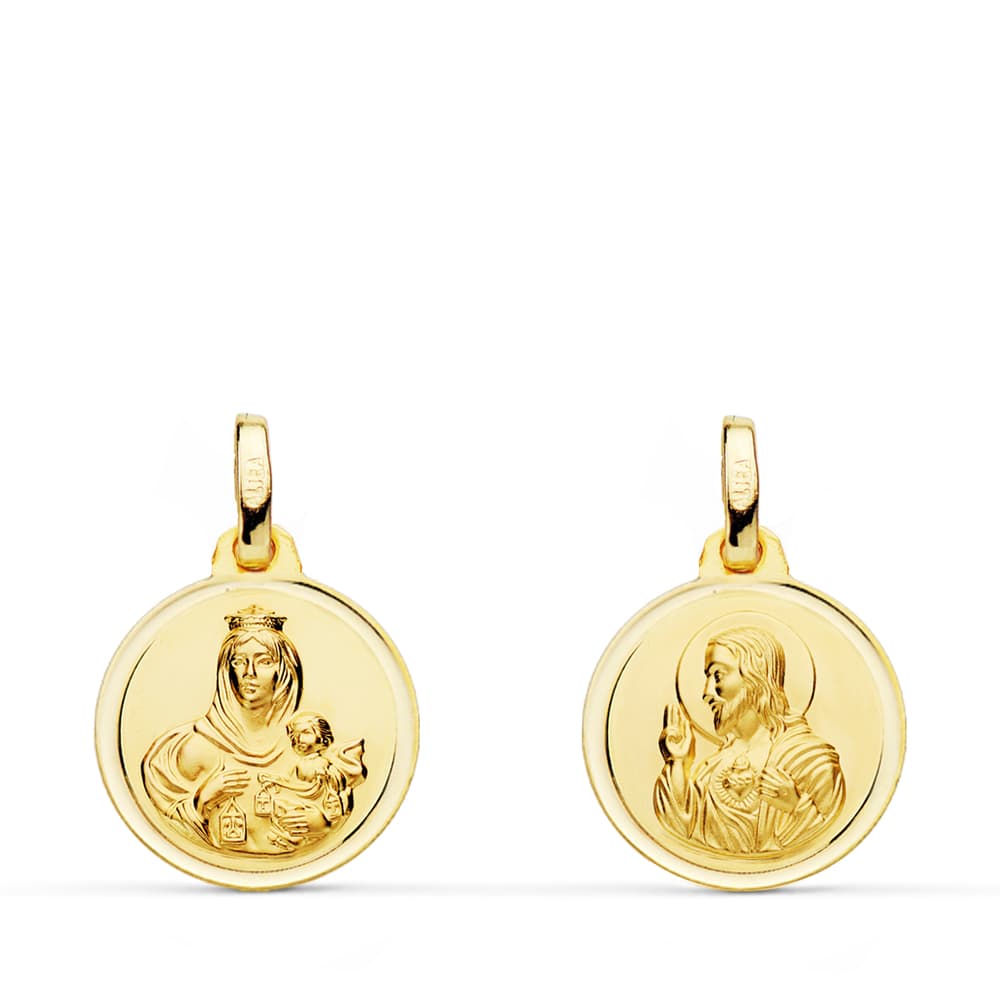 Escapulario Bisel Virgen del Carmen Corazon de Jesus 14 mm de oro amarillo 18K