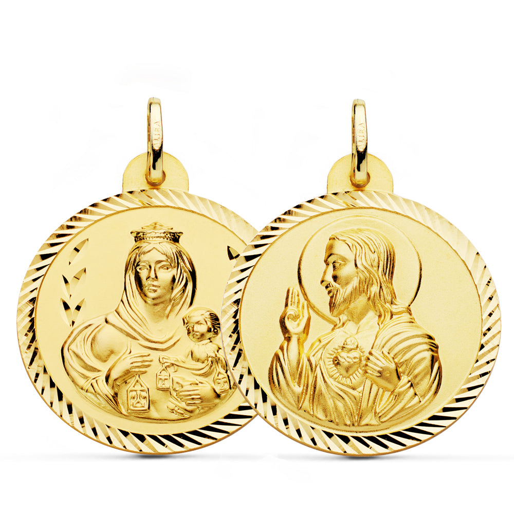 Escapulario Helice Virgen Carmen y Corazon de Jesus 28 mm de oro amarillo 18K