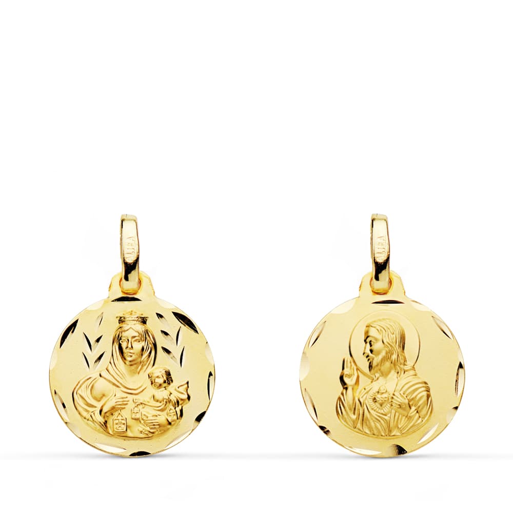 18K ESCAPULARIO ORO AMARILLO TALLADO VIRGEN DEL CARMEN CORAZON DE JESUS 14 MM