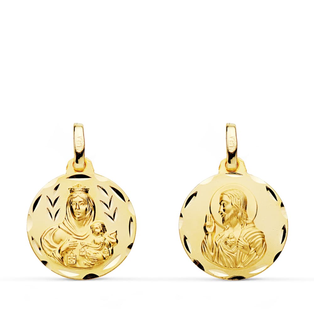 9K ESCAPULARIO ORO AMARILLO TALLADO VIRGEN DEL CARMEN CORAZON DE JESUS 16 MM