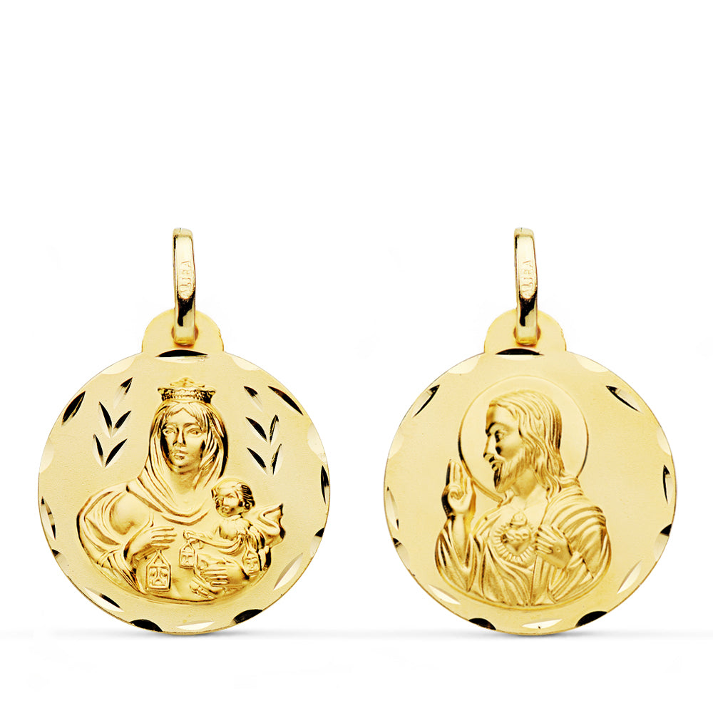 Escapulario Tallado Virgen del Carmen y Corazon de Jesus 20 mm de oro amarillo 9K
