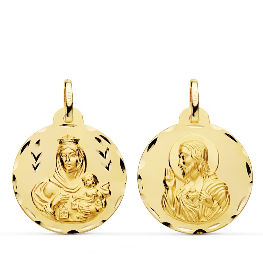 9K ESCAPULARIO ORO AMARILLO TALLADO VIRGEN DEL CARMEN Y CORAZON DE JESUS 22 MM