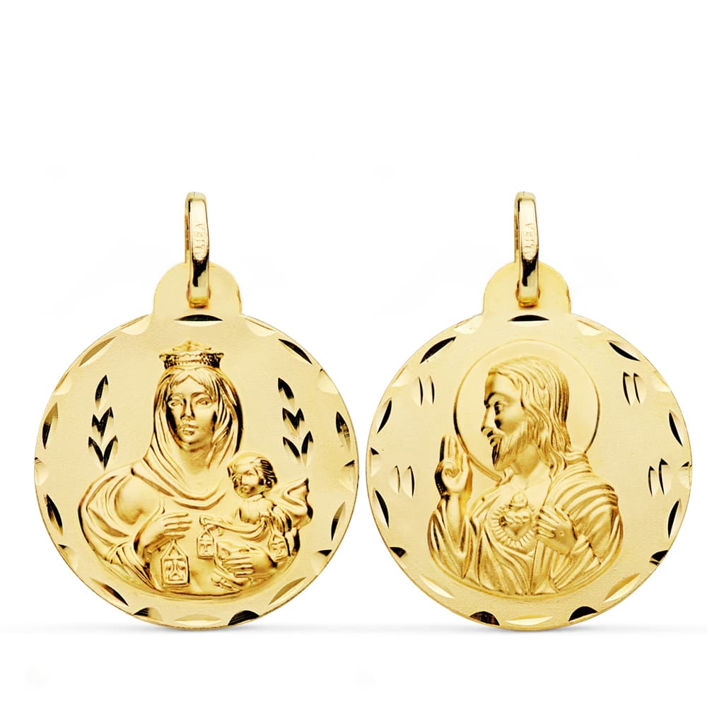 18K ESCAPULARIO ORO AMARILLO TALLADO VIRGEN DEL CARMEN Y CORAZON DE JESUS 24 MM