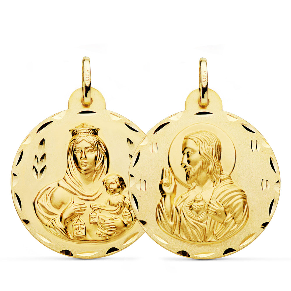 Escapulario Tallado Virgen del Carmen y Corazon de Jesus 28 mm de oro amarillo 18K