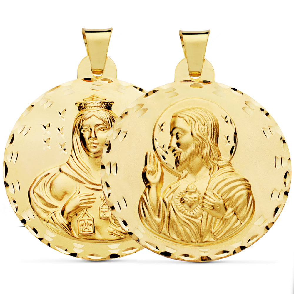 Escapulario Tallado Virgen del Carmen y Corazon de Jesus 42 mm de oro amarillo 18K
