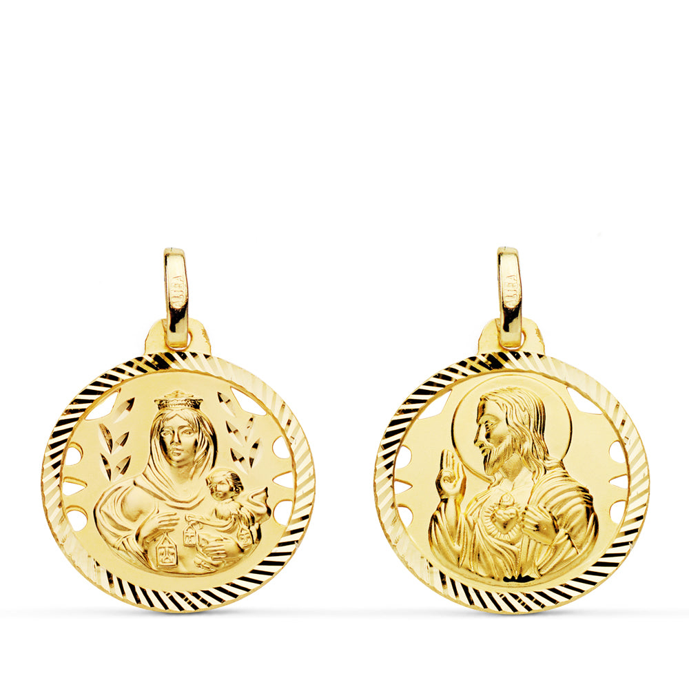 Escapulario Helice Calado Virgen Carmen y Corazon de Jesus 18 mm de oro amarillo 18K