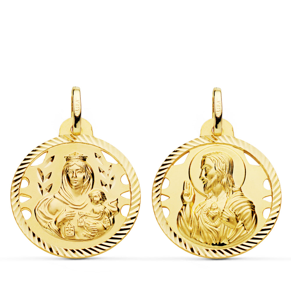 Escapulario Helice Calado Virgen Carmen y Corazon de Jesus 22 mm de oro amarillo 18K