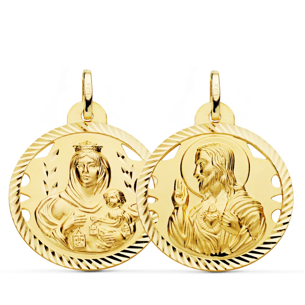 18K ESCAPULARIO ORO AMARILLO HELICE CALADO VIRGEN CARMEN Y CORAZON DE JESUS 26 MM