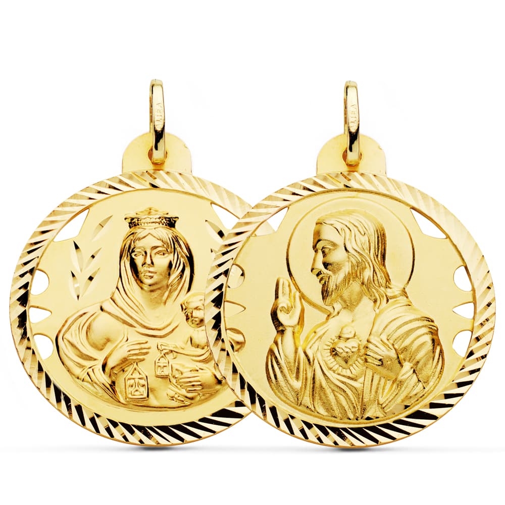 18K ESCAPULARIO ORO AMARILLO HELICE CALADO VIRGEN CARMEN Y CORAZON DE JESUS 30 MM