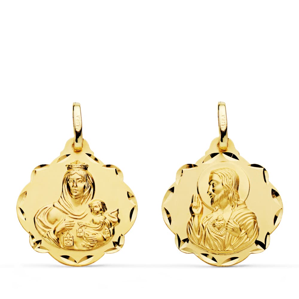 18K ESCAPULARIO ORO AMARILLO VIRGEN DEL CARMEN Y CORAZON DE JESUS 20 MM